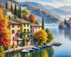 Printable art of Italian village on autumn morning with lakeside mist
