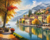 Printable art of Italian village on autumn morning with lakeside mist