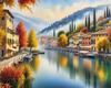 Printable art of Italian village on autumn morning with lakeside mist