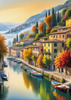 Printable art of Italian village on autumn morning with lakeside mist