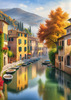 Printable art of Italian village on autumn morning with lakeside mist
