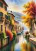 Printable art of Italian village on autumn morning with lakeside mist