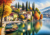 Printable art of Italian village on autumn morning with lakeside mist