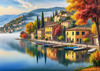 Printable art of Italian village on autumn morning with lakeside mist