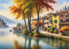Printable art of Italian village on autumn morning with lakeside mist
