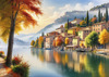 Printable art of Italian village on autumn morning with lakeside mist
