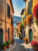 Italian Village with Fall Colors by the Waterfront Art Print