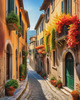 Italian Village with Fall Colors by the Waterfront Art Print