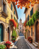 Italian Village with Fall Colors by the Waterfront Art Print