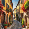 Italian Village with Fall Colors by the Waterfront Art Print