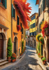 Italian Village with Fall Colors by the Waterfront Art Print
