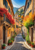 Italian Village with Fall Colors by the Waterfront Art Print