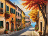 Italian Village with Fall Colors by the Waterfront Art Print