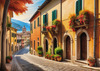 Italian Village with Fall Colors by the Waterfront Art Print