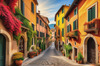 Italian Village with Fall Colors by the Waterfront Art Print