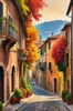 Italian Village with Fall Colors by the Waterfront Art Print