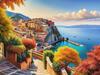 Panoramic Realistic Landscape of Italian Coastal Town with Terracotta Rooftops and Fall Colors