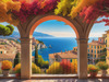 Panoramic Realistic Landscape of Italian Coastal Town with Terracotta Rooftops and Fall Colors