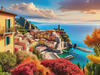 Panoramic Realistic Landscape of Italian Coastal Town with Terracotta Rooftops and Fall Colors