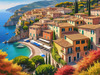 Panoramic Realistic Landscape of Italian Coastal Town with Terracotta Rooftops and Fall Colors