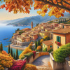 Panoramic Realistic Landscape of Italian Coastal Town with Terracotta Rooftops and Fall Colors
