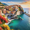 Panoramic Realistic Landscape of Italian Coastal Town with Terracotta Rooftops and Fall Colors
