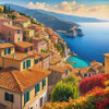 Panoramic Realistic Landscape of Italian Coastal Town with Terracotta Rooftops and Fall Colors