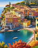 Panoramic Realistic Landscape of Italian Coastal Town with Terracotta Rooftops and Fall Colors