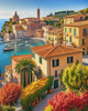 Panoramic Realistic Landscape of Italian Coastal Town with Terracotta Rooftops and Fall Colors