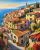 Panoramic Realistic Landscape of Italian Coastal Town with Terracotta Rooftops and Fall Colors