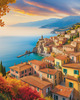 Panoramic Realistic Landscape of Italian Coastal Town with Terracotta Rooftops and Fall Colors