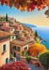 Panoramic Realistic Landscape of Italian Coastal Town with Terracotta Rooftops and Fall Colors