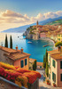 Panoramic Realistic Landscape of Italian Coastal Town with Terracotta Rooftops and Fall Colors