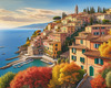 Panoramic Realistic Landscape of Italian Coastal Town with Terracotta Rooftops and Fall Colors