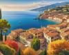 Panoramic Realistic Landscape of Italian Coastal Town with Terracotta Rooftops and Fall Colors