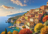 Panoramic Realistic Landscape of Italian Coastal Town with Terracotta Rooftops and Fall Colors