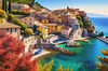 Panoramic Realistic Landscape of Italian Coastal Town with Terracotta Rooftops and Fall Colors