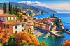 Panoramic Realistic Landscape of Italian Coastal Town with Terracotta Rooftops and Fall Colors