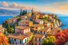 Panoramic Realistic Landscape of Italian Coastal Town with Terracotta Rooftops and Fall Colors