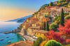 Panoramic Realistic Landscape of Italian Coastal Town with Terracotta Rooftops and Fall Colors