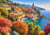 Panoramic Realistic Landscape of Italian Coastal Town with Terracotta Rooftops and Fall Colors