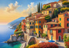 Panoramic Realistic Landscape of Italian Coastal Town with Terracotta Rooftops and Fall Colors