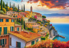 Panoramic Realistic Landscape of Italian Coastal Town with Terracotta Rooftops and Fall Colors