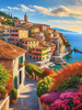 Panoramic Realistic Landscape of Italian Coastal Town with Terracotta Rooftops and Fall Colors
