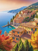 Panoramic Realistic Landscape of Italian Coastal Town with Terracotta Rooftops and Fall Colors