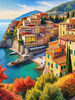 Panoramic Realistic Landscape of Italian Coastal Town with Terracotta Rooftops and Fall Colors