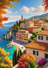 Panoramic Realistic Landscape of Italian Coastal Town with Terracotta Rooftops and Fall Colors