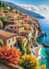 Panoramic Realistic Landscape of Italian Coastal Town with Terracotta Rooftops and Fall Colors