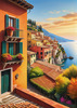 Panoramic Realistic Landscape of Italian Coastal Town with Terracotta Rooftops and Fall Colors