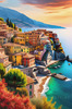 Panoramic Realistic Landscape of Italian Coastal Town with Terracotta Rooftops and Fall Colors